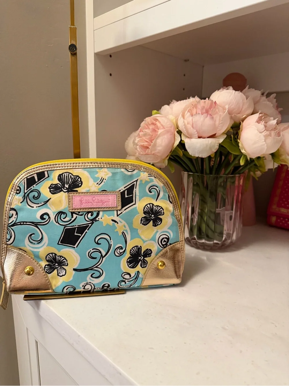 Lilly Pulitzer Turquoise Floral Cosmetic Pouch with Gold Accents